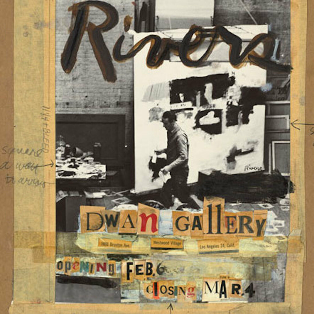 Larry Rivers, American, 1923–2002, Maquette for Larry Rivers Exhibition at Dwan Gallery, 1961, collage of cut-out text, paint, and tape on gelatin silver print mounted on paper board, Collection of Virginia Dwan. Courtesy of National Gallery of Art