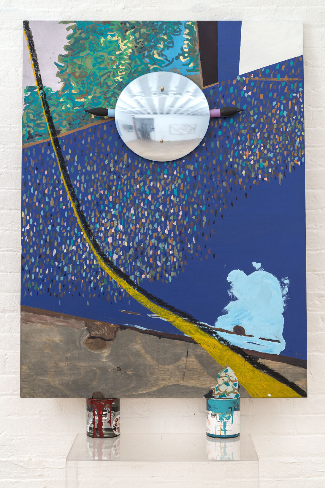 Kevin Mack, Coshocton, 2013, Plywood, acrylic, convex mirror, stain, oil, pastel, light bulbs, latex paint cans, acrylic box, 74.75” x 36” x 17.25” (overall) 