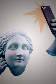 The modern reinterpretation of Greek mythology with a mixed media sculpture depicting a selfie-taking goddess, reflecting on themes of social media addiction and narcissism