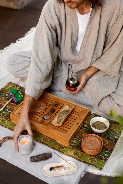 A man holding a cup outdoors, surrounded by herbs, symbolizing Ayurveda and natural healing