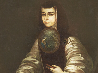 Retrato de Sor Juana Inés de la Cruz atribuido a Nicolás Enríquez de Vargas, Museo de Arte de Filadelfia (detalle)