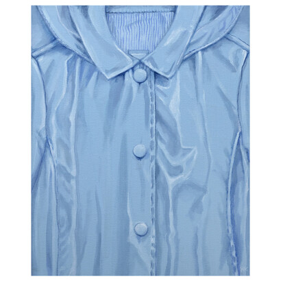 Hannah Knox, Pale Blue Raincoat, 2023, oil on linen, 20x16 inches, copyright the artist. Courtesy the artist and Harman Projects

