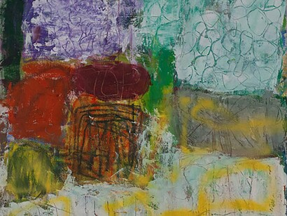 Margaret Fitzgerald, Desert Sun (detail), 2023, acrylic oil, spray on canvas, 39.5 X 34.5 in. Courtesy of the artist and Susan Eley Fine Art