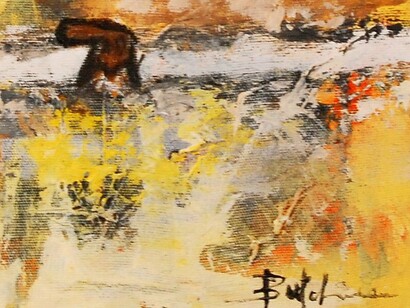 Butcheca, Pintura sem título. “Venho desde há muito apreciando os dizeres de Mia Couto. Há anos, trabalhei um dos livros dele com um grupo de teatro que queria interpretar. Então, a partir dai, quis buscar o espírito critico e social de Mia Couto para esta colaboração”