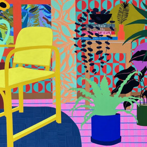 Mary Finlayson, Yellow Chair with Flowers and Books, 2023. Courtesy the artist and Eleanor Harwood Gallery