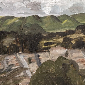 Oliver Hawk Golden, John McLaren from Bernal (detail), 2023. Oil paint on wood panel, 5 1/4 x 8 1/4 in, 13.3 x 21 cm. Courtesy of Eleanor Harwood Gallery