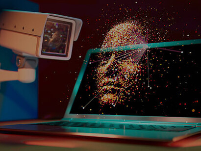 A visual depiction of AI-driven surveillance using facial recognition and security cameras