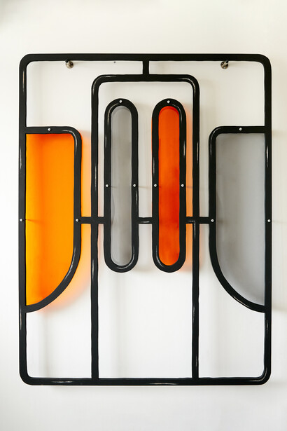 Milly Peck, Alight II, 2020. Emulsion on wood, perspex, coloured pencil, bolts. 161 x 122 x 7 cm. Courtesy of VITRINE