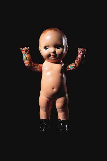 Haroshi, Never Rust Buddy Lee Doll No. 2, 2015, Composition doll, skateboard, rubber band, wood, 13 x 8 x 4 1/2 inches