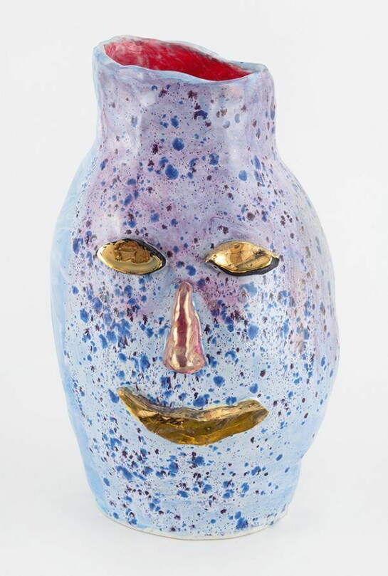 Dan McCarthy, Untitled Ceramic Facepot #61, 2013, Low fire clay and crystal glaze, enamel paint and gold lustre, 15 x 8 1/2 inches. Courtesy Anton Kern Gallery, New York