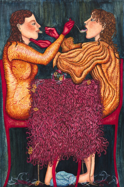 Nell Brookfield, Conversation, 2022, acrylic dispersion, natural pigment and oil paint 
on linen, 183.5x122.5x3.6cm