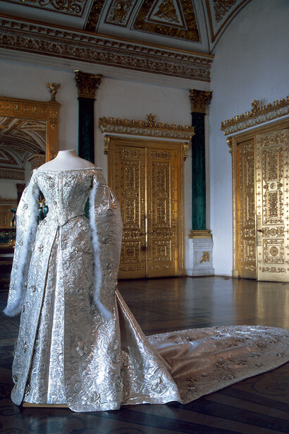 Court-style bridal dress made of silver brocade with silver-thread embroidery, 1894. Courtesy of The State Hermitage Museum