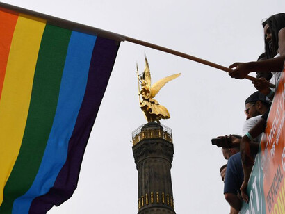 Rainbow flag flown in front of the Siegessäule