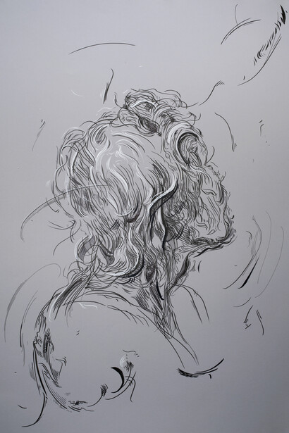 Glenn Brown, Drawing 3 (after Del Sarto), 2015, Indian ink and acrylic on paper, Canford Dreadnought Grey 150gsm, 84 x 59,3 cm, Courtesy de l’artiste et de la Galerie Max Hetzler, Berlin | Paris

