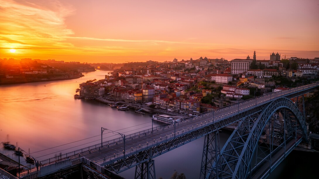 Overlooking the beautiful city of Porto, Portugal at sunset