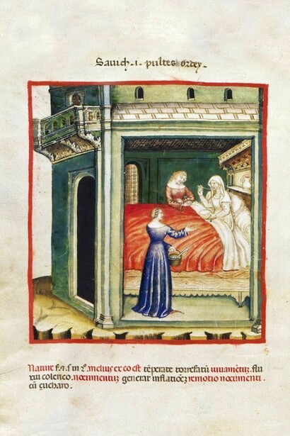 Terapia a base di zuppa d’orzo. Miniatura da Theatrum sanitatis di Ububchasym de Baldach. XI sec., Codice 4182 della
Biblioteca Casanatense di Roma.