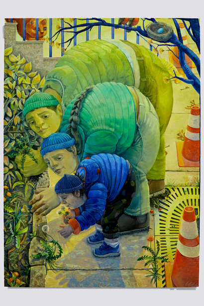 Erin Milez, Caution in the Wind, 2023. Oil, acrylic, and flashe on canvas, 55 by 40 inches. Courtesy of Monya Rowe Gallery