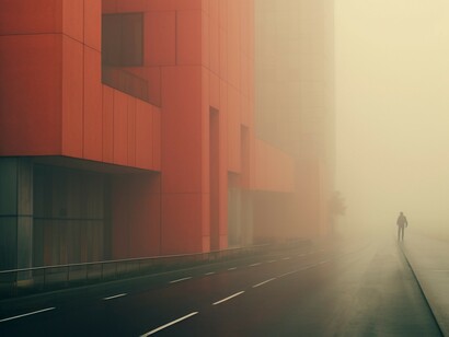 An empty road disappears into the mist, capturing the eerie silence of a world on the brink of collapse