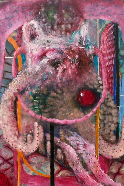 Mie Yim, St. Bacon (detail), 2024. Oil on canvas. 66 × 52 inches (167.64 × 132.08 cm). Courtesy of the artists and KOW/Berlin, LambdaLambdaLambda/Prishtina, Simone Subal/New York