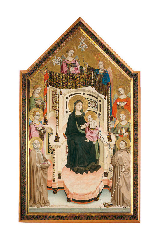 Maestro di Figline, (attivo in Umbria e in Toscana, 1315-1335 circa), Madonna col Bambino in trono fra sei angeli, sant’Elisabetta d’Ungheria e san Ludovico di Tolosa, 1320 circa, Tavola, Figline Valdarno, Collegiata di Santa Maria Assunta