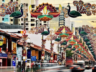 The streets of Little India, Singapore, are adorned with vibrant Deepavali decorations, creating a festive and colorful atmosphere