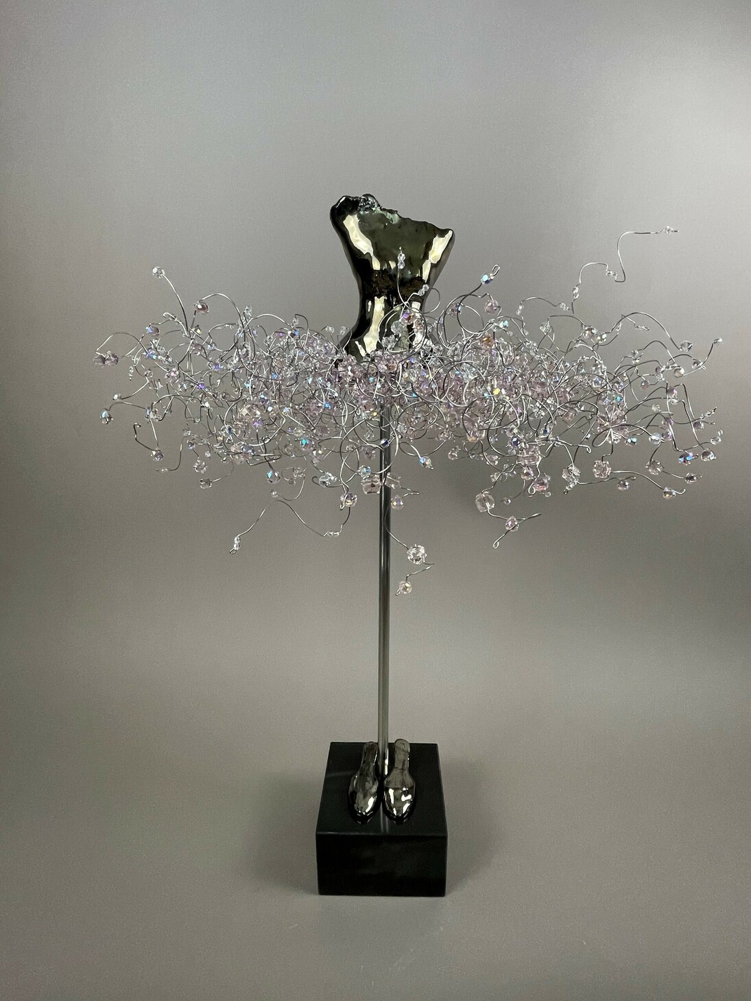 Estella Fransbergen, EF 22301, Clay - high fired, shortie with pink glass and crystal with shoes, base- black marble with stainless steel pole, 25x18x18 in