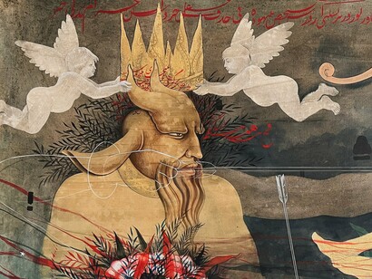Khadim Ali,  Birth of Demons 2 (detail), 2024, Gouache and gold leaf on handmade paper, 38 x 55.13 in (96.4 x 140 cm). Image courtesy of the Artist and Aicon, New York