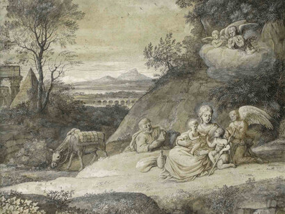 Claude Gellée dit Le Lorrain, Le repos pendant la fuite en Egypte (detail), Pinceau, encre de chine, lavis d’encre de Chine et lavis de bistre sur papier bleuté, Petit Palais © Petit Palais / Roger-Viollet