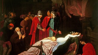 «La reconciliación de los Montesco y los Capuleto sobre los cadáveres de Romeo y Julieta» (1855), Frederic Leighton