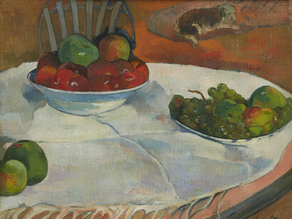 Paul Gaugin, Fruits on a table or still life with a small dog (detail), 1889. Courtesy of Acquavella