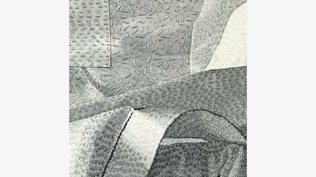 Luanne Rimel, Sheet Music (detail),
photograph printed on silk, hand-stitched with cotton embroidery thread,
14" x 14",
2024. Courtesy of the artist and Duane Reed Gallery