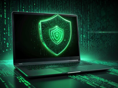 A cybersecurity shield illuminated on a laptop screen, symbolizing a strong defense against phishing, spoofing, and malware