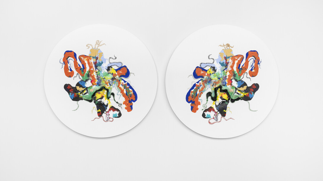 Nicholas Hlobo, Uvathel'umsitho, 2023. Acrylic, leather, and ribbons on linen and cotton canvas, diptych, each: 51.18 inches x 130 cm diameter. Signed, titled, and dated on verso. Courtesy of the artist and Lehmann Maupin, New York, Hong Kong, Seoul, and London