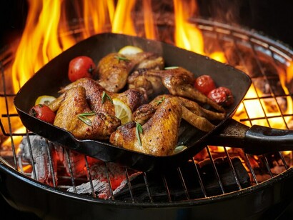 Grilled chicken wings on the flaming grill with Grilled vegetables in barbecue sauce with pepper seeds rosemary, salt