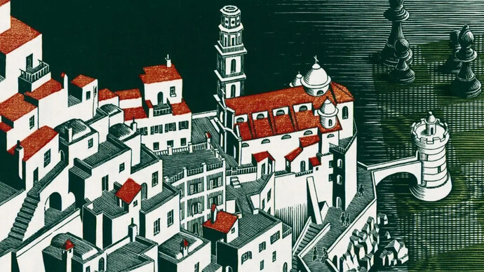 Maurits Cornelis Escher (1898-1972). Metamorfosis III, (detalle Atrani) xilografía, 1939-1940 / 1967-1968 en  Het Paleis que es un museo que exhibe las obras del artista gráfico neerlandés Escher. El Palacio Lange Voorhout exibe a Escher desde noviembre de 2002, La Haya, Holanda