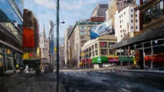 Laurent Dauptain, Boutiques et reflets, 2014, Oil on Canvas, 38" x 57½"