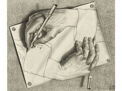 M.C. Escher, Drawing Hands, 1948, Lithograph, 28.2 x 33.2 cm, Gemeentemuseum Den Haag. All M.C. Escher works copyright © The M.C. Escher Company B.V. -Baarn-the Netherlands. All rights reserved. www.mcescher.com