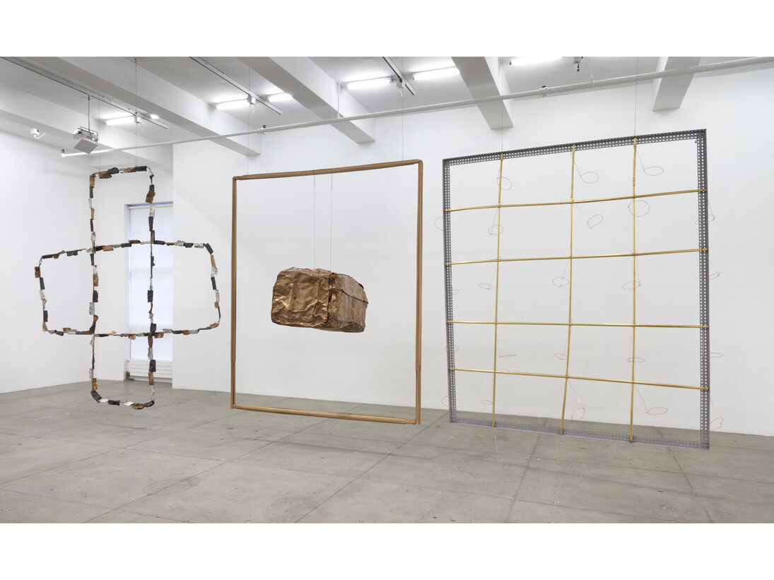 Luciano Fabro, Cristo, Buddha, Zarathustra (Gioielli), (Christ, Buddha, Zarathustra (Jewels)), 1981, Metal, lacquered iron, wood, copper, bronze leafs, aluminium, lead, Cristo: 98 7/16 x 84 5/8 x 15 3/4 in. (250 x 215 x 40 cm); 26 elements: diameter: 17 11/16 x 5 1/2 in. (45 x 14 cm) (each), Buddha: 98 7/16 x 84 5/8 in. (250 x 215 cm); 39 3/8 x 19 11/16 x 19 11/16 in. (100 x 50 x 50 cm), Zarathustra: 39 1/3 x 106 1/3 in. (100 x 270 cm), No. 16758