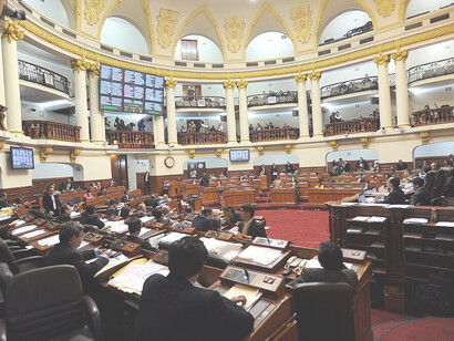 View of the Congress of the Republic of Peru's hemicycle, where parliamentary plenary sessions are held