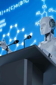 An artificial intelligent machine tutoring a class from a podium