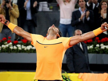 Rafael Nadal celebra la victoria contra el portugués Joao Sousa que le mete en semifinales del Mutua Madrid Open. Foto Lucía Castillo