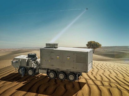 Artist rendering of a military vehicle tracking a flying AI weapon