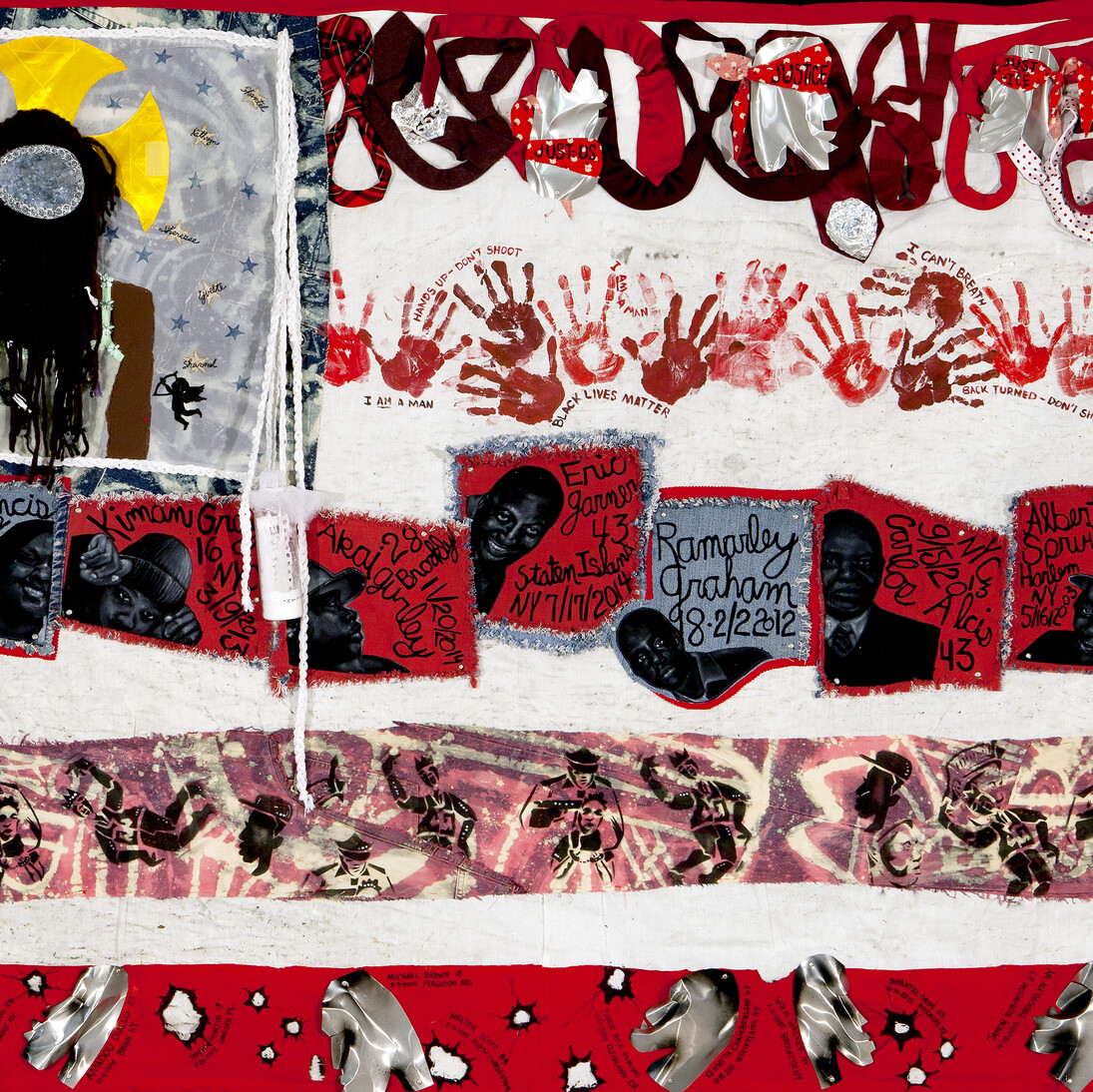 american Juju for the Tapestry of Truth, 2015
Mixed media on a textile impregnated on the spot in Staten Island where Eric Garner died while being placed under arrest. Created by artists from the Harlem Needle Arts cultural arts institute: Sahara Briscoe, Laura R. Gadson, and Jerry Gant, under the direction of Michelle Bishop, 66 x 98 inches