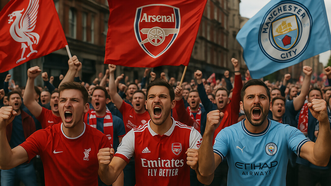 Liverpool, Arsenal, and Manchester City supporters rally behind their clubs, capturing the fierce rivalry and anticipation ahead of the 2025/26 Premier League title race