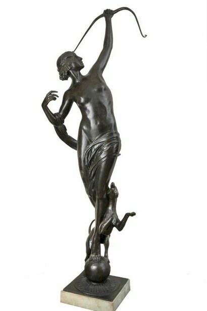 Anna Hyatt Huntington. Diana of the Chase, ca. 1922; cast between 1923 and 1939. Bronze and marble; 99 x 33 x 29 1/2 in. (251.5 x 83.8 x 74.9 cm). Collection The New-York Historical Society, gift of Mr. and Mrs. Archer B. Huntington (1939.252). Photo courtesy The New-York Historical Society.
