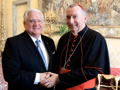 Gary Krupp thanks H.Em Pietro Cardinal Parolin at the conclusion of a special visit arranged by PTWF of Israeli Knesset member Ayoob Kara the minister of Communications is a Druze Arab member of the Knesset