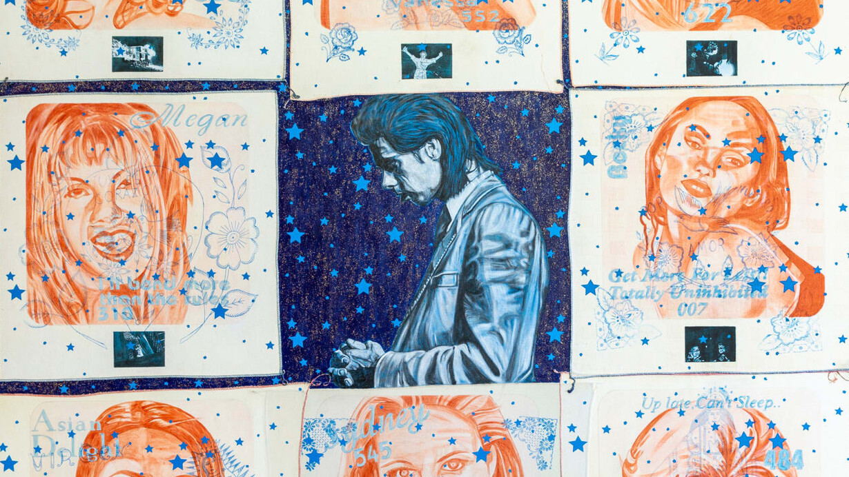 Carole Caroompas, Heathcliff and the femme fatales go on tour: blue impressions are left on her colorless skin (detail), 2001. Courtesy of Anton Kern Gallery