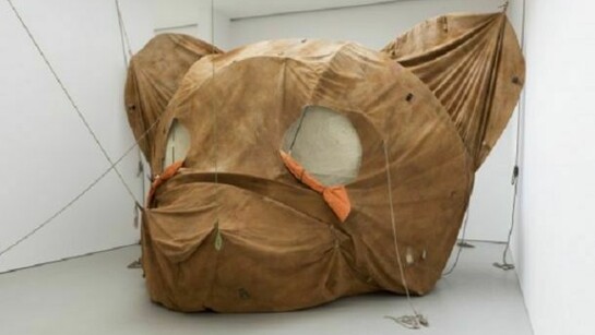 Brian Griffiths, The Body and Ground (Or Your Brittle Smile), 2010, Canvas, scenic acrylic paint, rope, webbing, fiberglass pole, metal poles, vintage travel souvenirs patches, net fabric, tarpaulin, duct tape, thread, string, sand, and fixings
