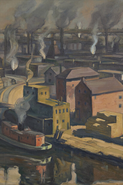 August Frederick Biehle, Fire tug on the Cuyahoga River (detail), c. 1908-1910. Courtesy of Wolfs Gallery