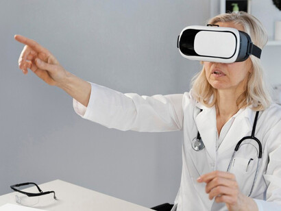 AI-driven virtual reality goggles assist a doctor, highlighting the integration of advanced technology in modern medical practice